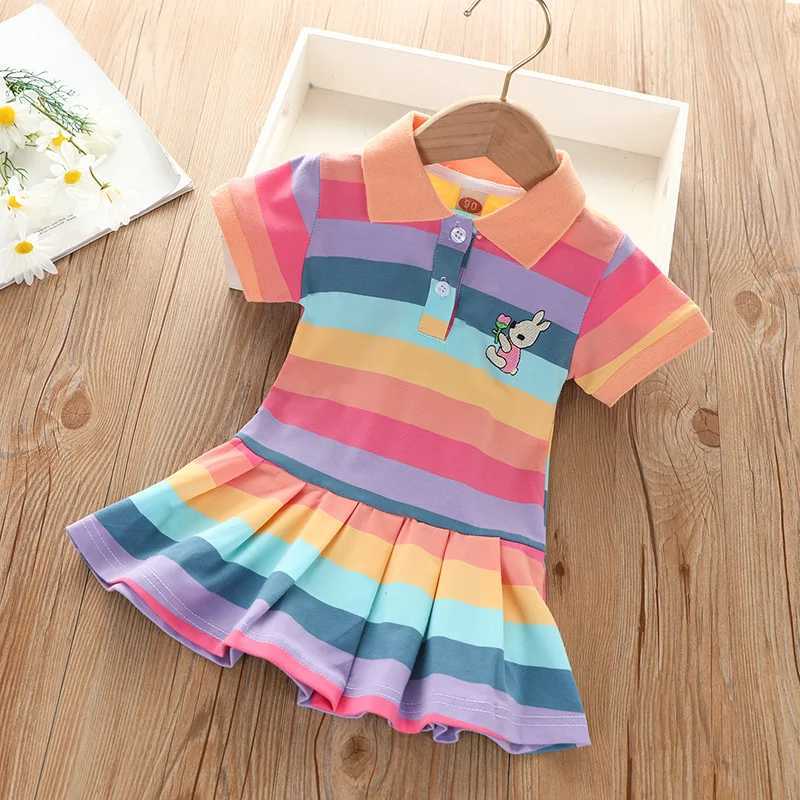 Girls Summer fashion cute short sleeve cartoon rabbit embroidered rainbow strip baby girl princess dress H260402