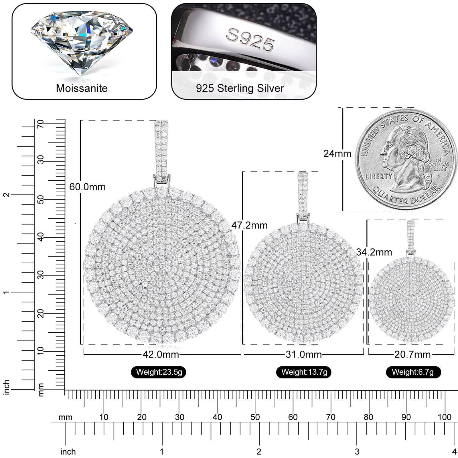 Sparkling Hip Hop Jewelry 20/30/40mm Tag Iced Out Pendant Sterling Silver 925 VVS Moissanite Disc Coin Pendant With Necklace