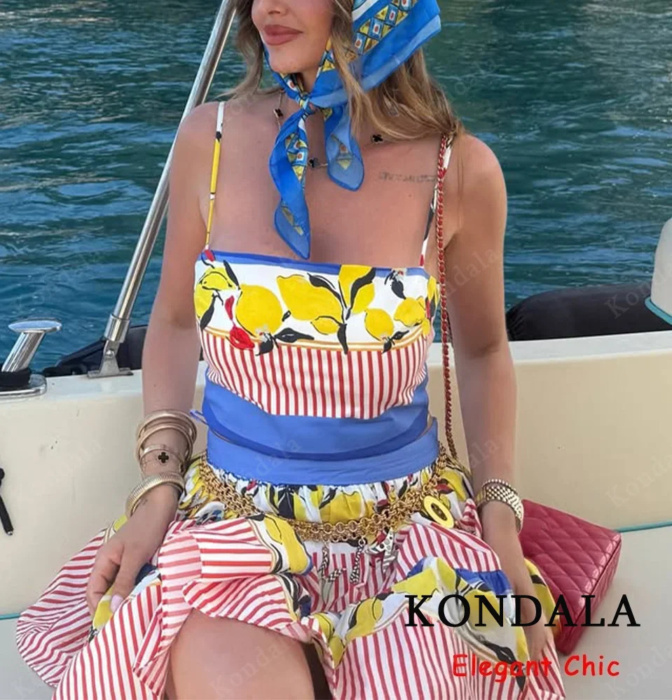 KONDALA Women Beach Sexy Printed Set Creative Graffiti Short Suspender Top Pleated Mini Skirt Spring Fall Party 260402