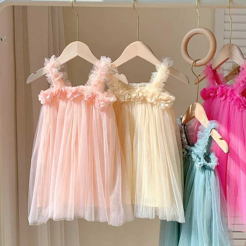 Kids Sweet Mesh Dress 1-6T Summer Children Mesh Tulle Princess Slip Tutu Dresses Girls 6 Colors 3D Flower Mermaid Birthday Dress H260402