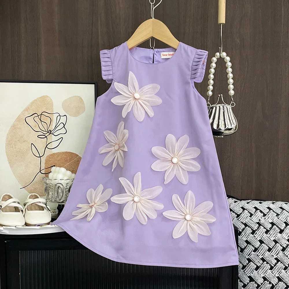 Summer New Girls Casual Clothes Pleated 3D Flower Sleeveless Princess Dress Korean Version Solid Color Children 2-12 Years Old H260402