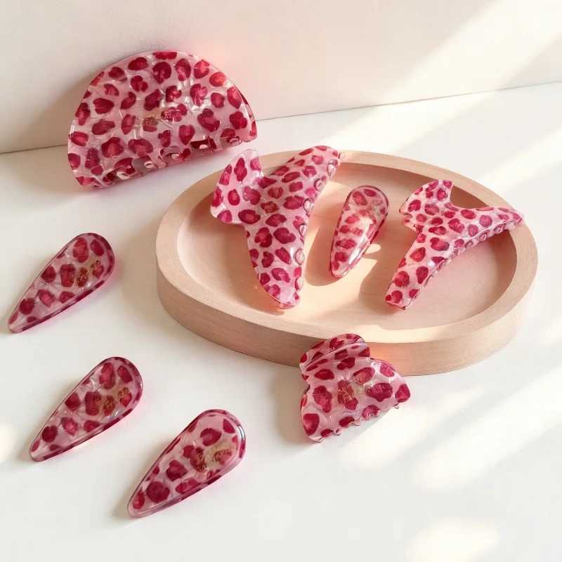 YHJ NEW Pink Leopard Pattern Geometric Hair Claw Korean Y2k Claw Clips Retro Trendy Hair Clips Hair Accessories for Women Girls H260402