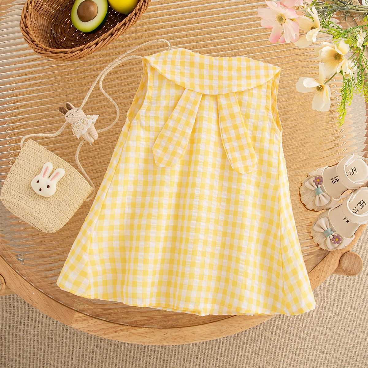 Baby Girl Dress Summer Plaid And Cartoon Pattern Sleeveless Doll Collar Baby Dresses Cute Casual Girl Kids Dress With Bag H260402