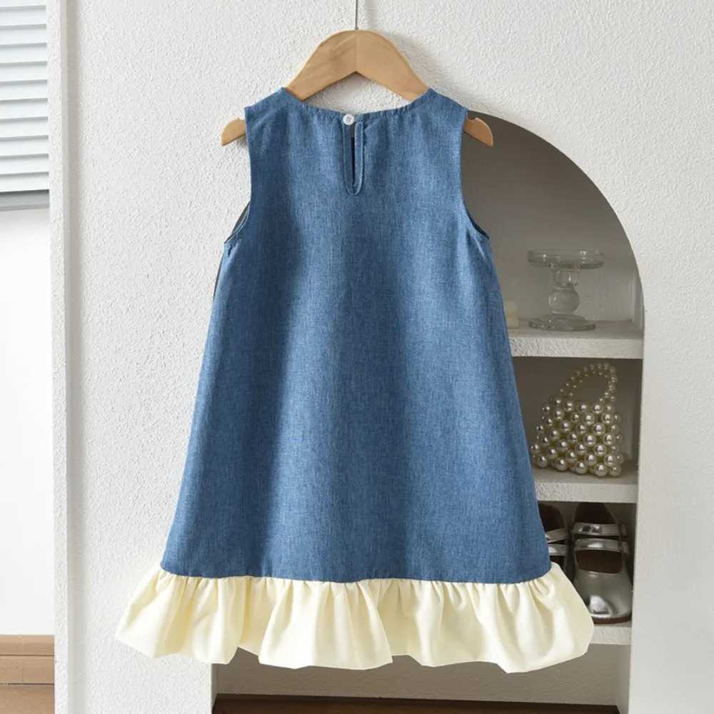 Blue Summer New Casual Girls Clothes Round Neck Sleeveless Bow Lace Vest Princess Dress for Girls Aged 3-7 Korean Version H260402