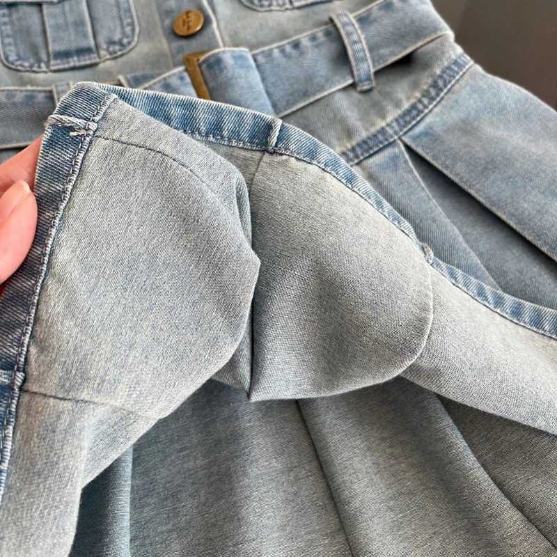 Summer New Girls Denim Dress Belt Decoration Lapel Collar Sleeveless Tutu Princess Dress For 2 -10 Years Kids Fashion Dress H260402