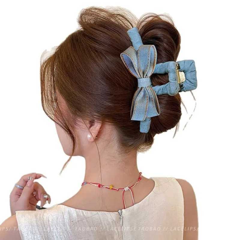 Autumn Winter Denim Bow Hair Claw Clip for Women High-End Hair Bun Shark Clip 2025 New Large Size Back Hair Accessory H260402