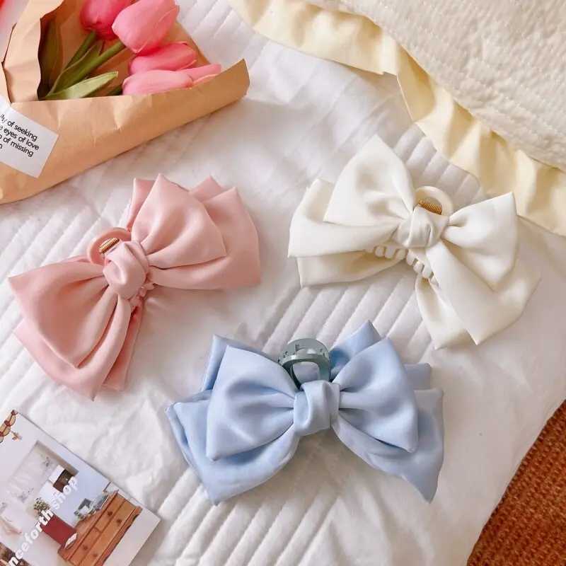 Cream Large Bow Hair Clip Claw for Women Korean Style elegant shark clip Fashion Girls Hair Clamp H260402