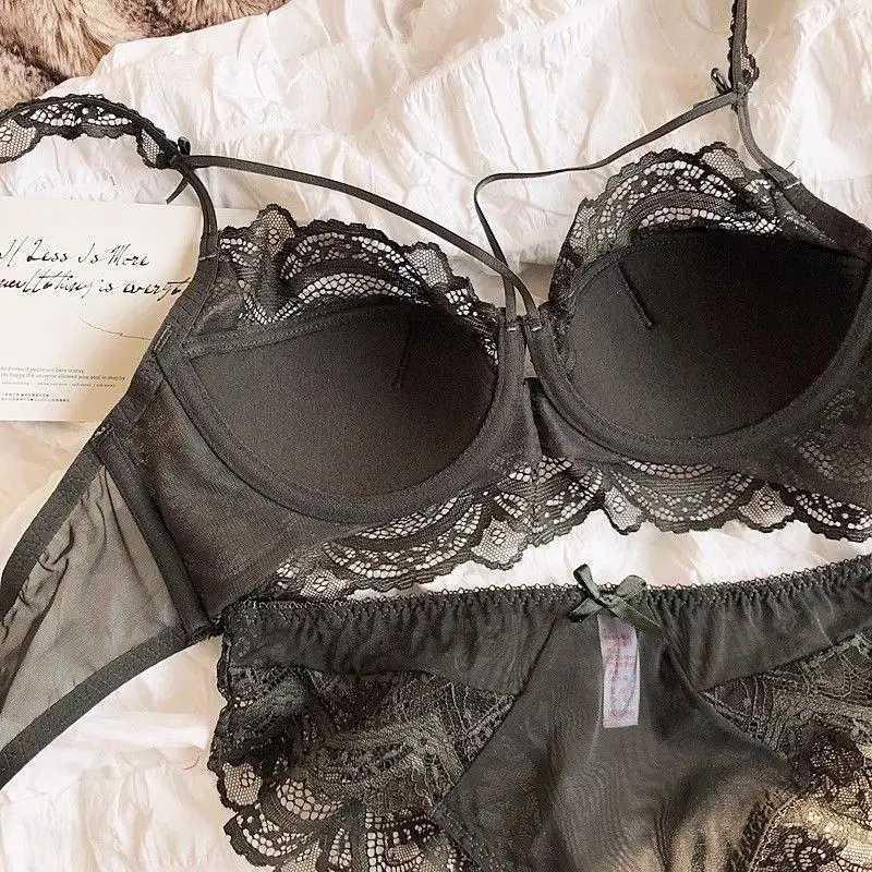 MOYISU Lace Bralette Set Small Busts French Design Removable Straps with Thin Push Up Pads Soft Underwire Bra Cover Top AB Z260402