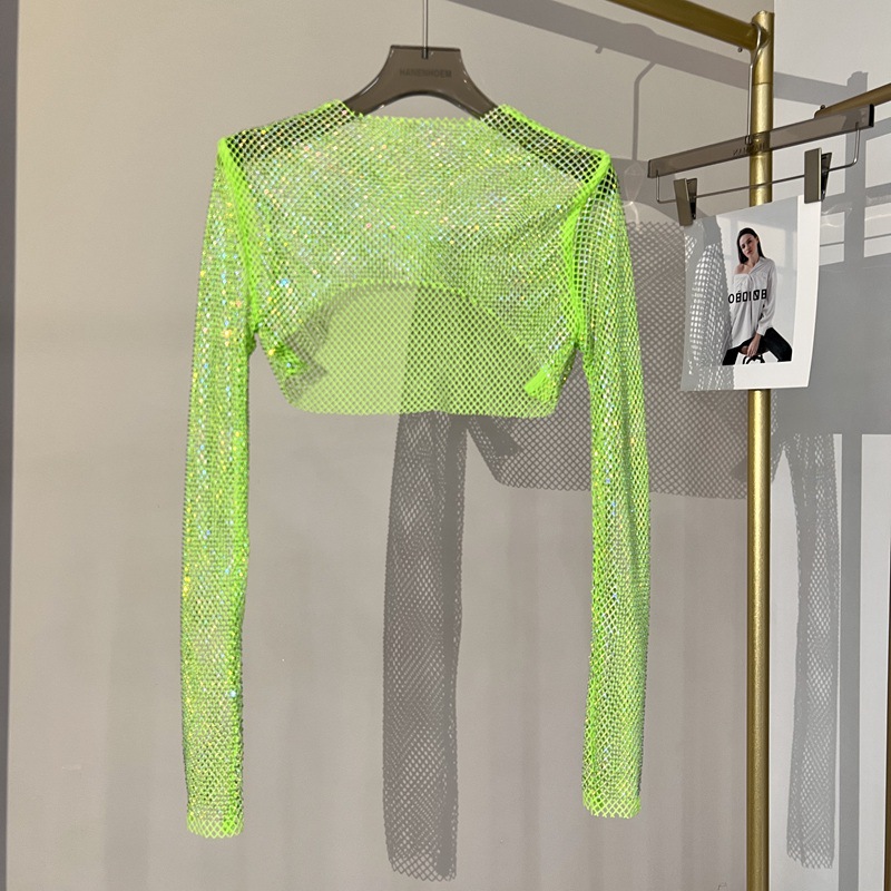 Women Sexy Rhinestone Cropped Long Sleeve Top Crystal Embellished Slim Fit Tee Clubwear Party Outfit - view 6
