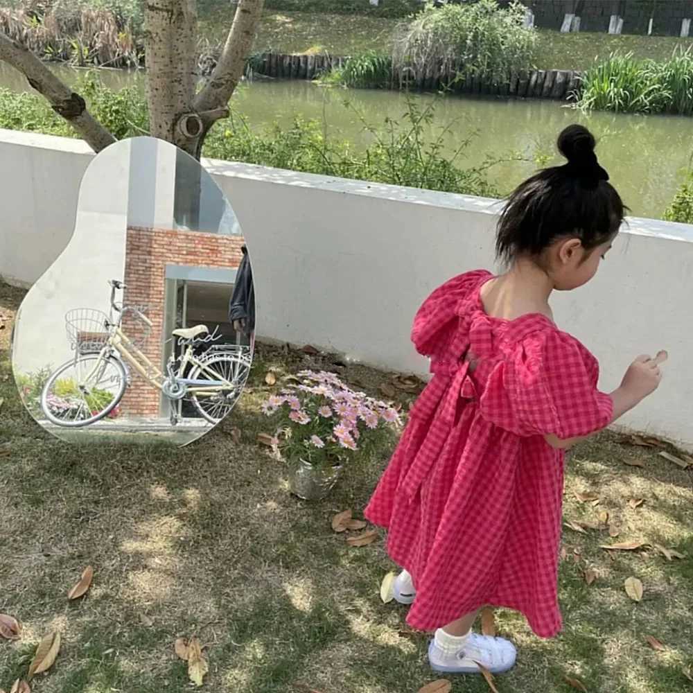 Bear Leader Rose Pink Plaid Bow Dress Elegant Lolita Child Big Girls Midi Dress Children Dresses Teens Party Princess Sundress H260402