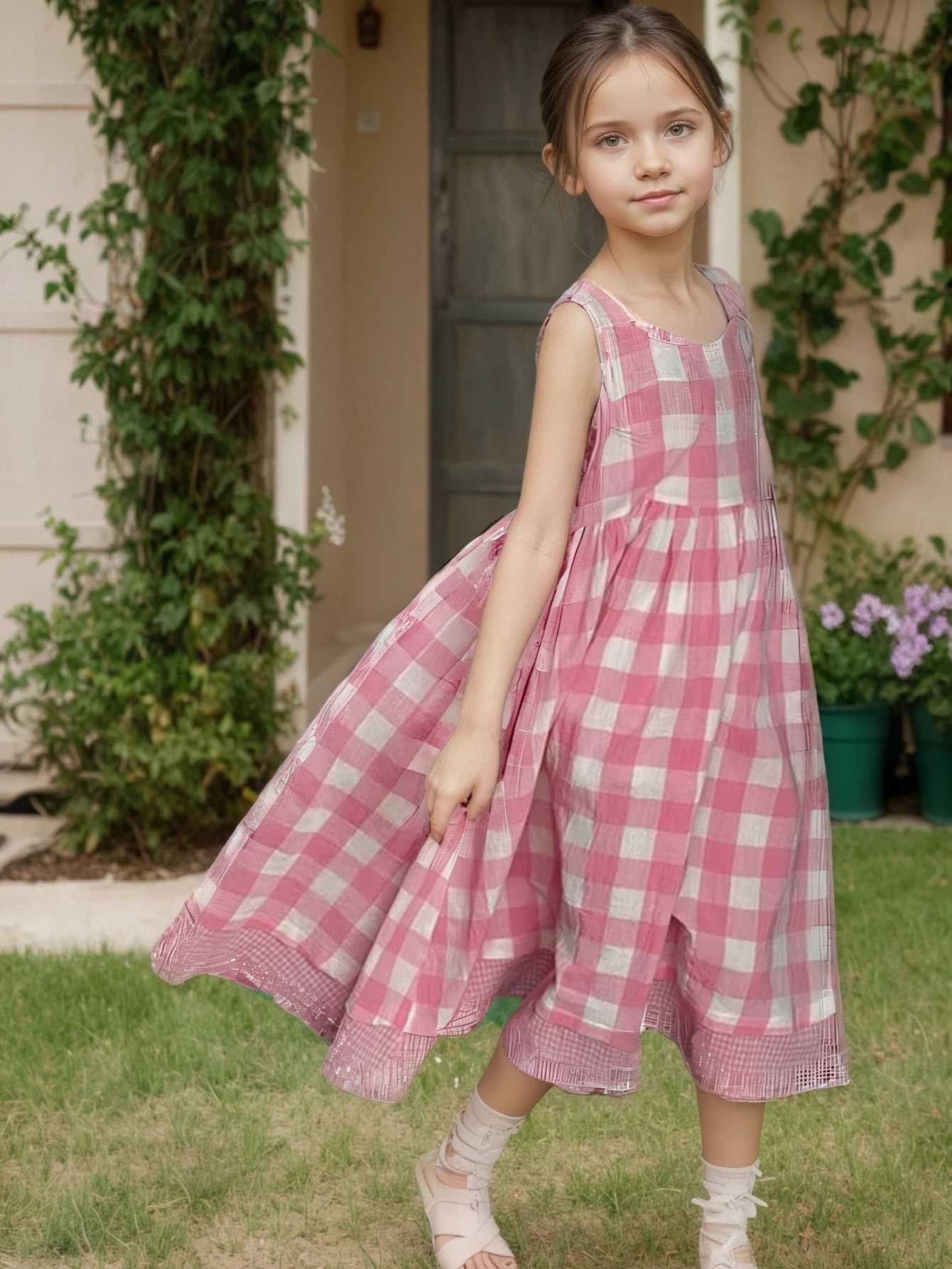 Summer Korean-Style Checkered Dress for Girls Pink White Grid Sleeveless Long Dress with Patchwork Hem Loose Fit Daily Wear H260402