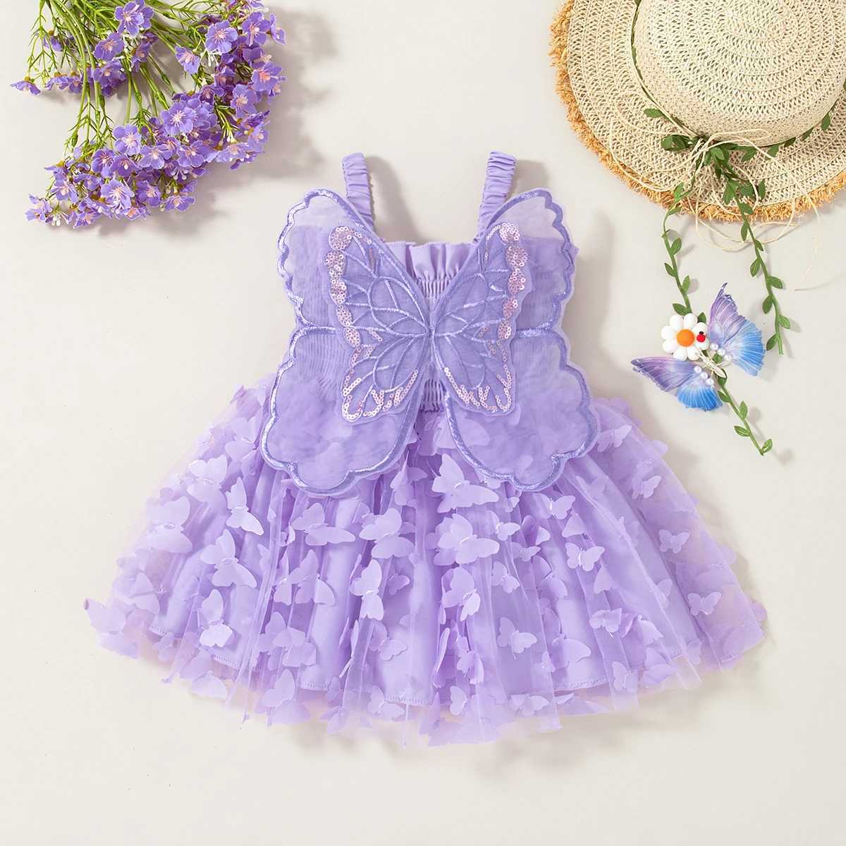 Summer New Baby Girl Suspender Dress Solid Color Butterfly Wing Gauze Dress Childrens Birthday Party Dress H260402
