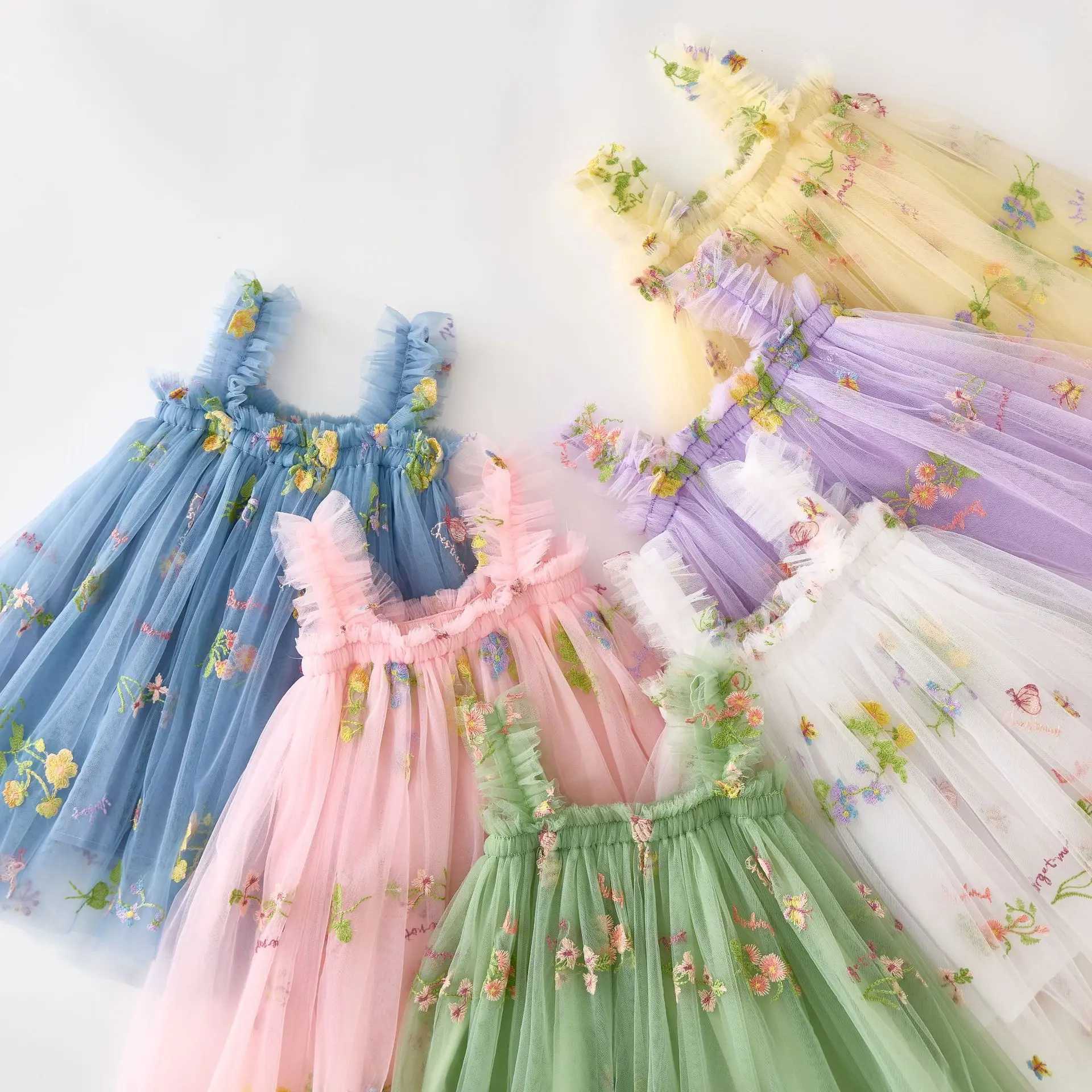 Baby Girl Dresses Summer Suspenders Flower Embroidery Mesh Dress Cute Wedding Flower Infant Girl Clothes H260402