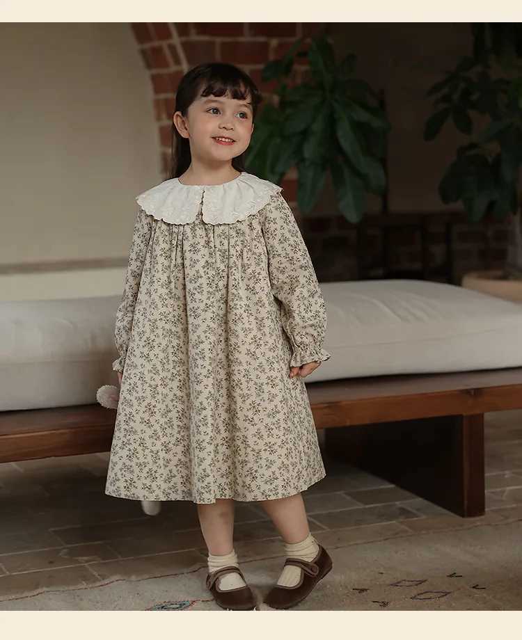Children Girl Vintage Dress Spring Autumn Lace Turn Down Collar 2-8Y Princess Dress Fragment Flower Long Sleeve Baby Girls Dress H260402