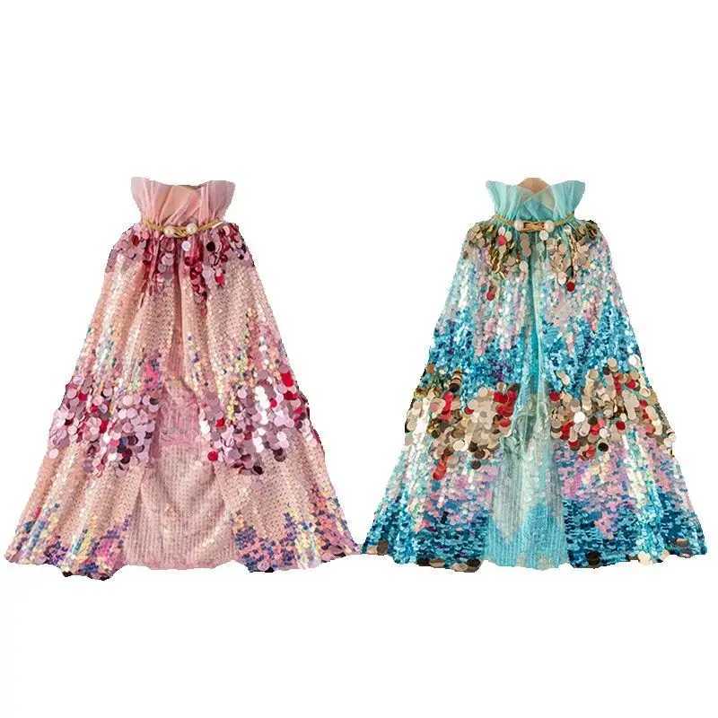 Cute Button Shining Sequins Cloak 2025 New Girls Princess Mermaid Dress Up Capes Party Girls Performance Shawl Halloween Xmas H260402