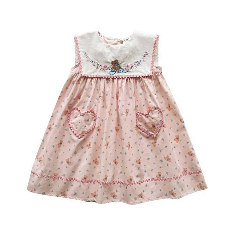 Embroidered Little Bear Navy Collar Girls Dress 2026 Summer New Floral Tank Top Skirt Korean Version Childrens Princess Skirt H260402