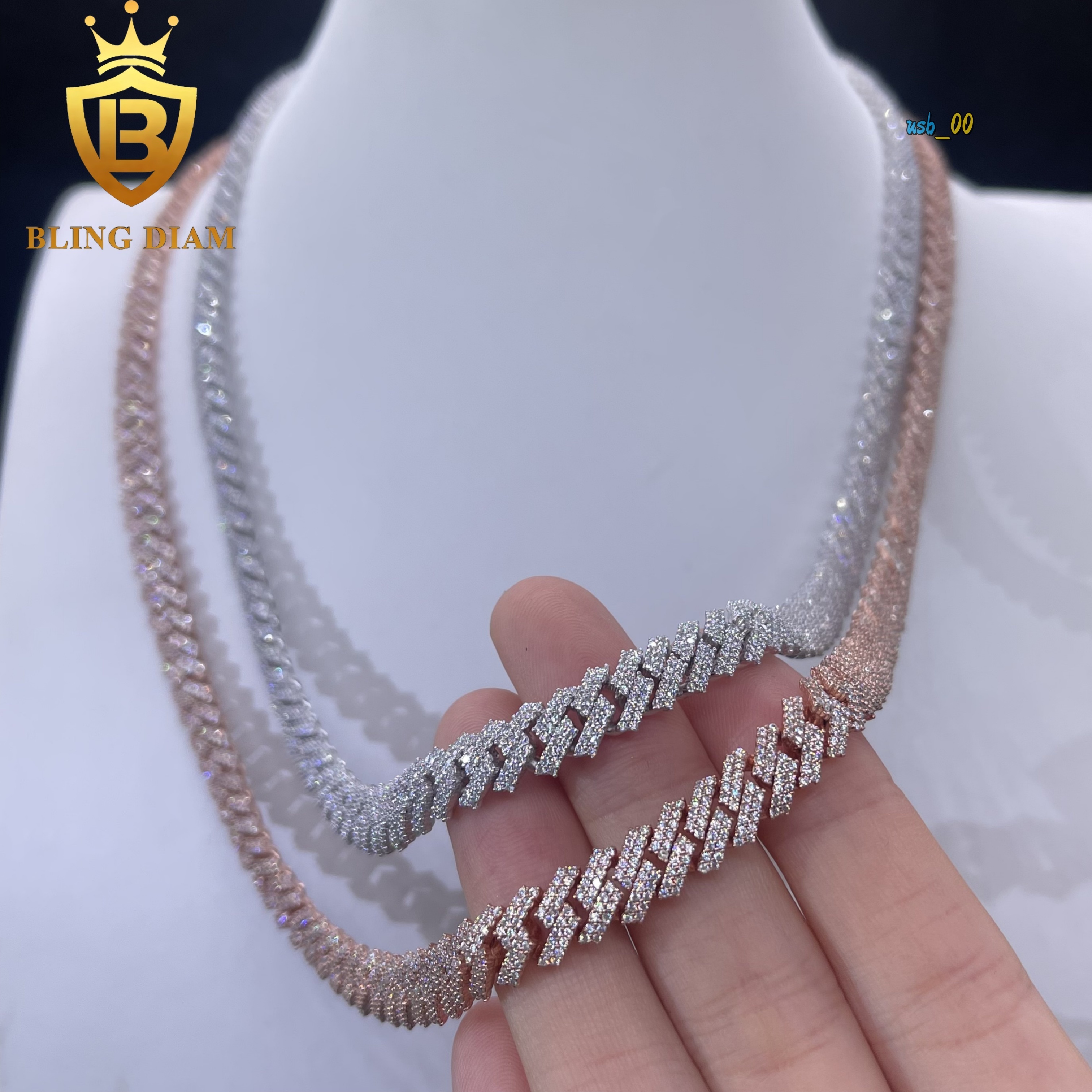 14mm Hip Hop Jewelry 2 Rows Moissanite Iced Out Miami Rose Gold Cuban Link Chain 925 Sterling Silver Necklace for Men