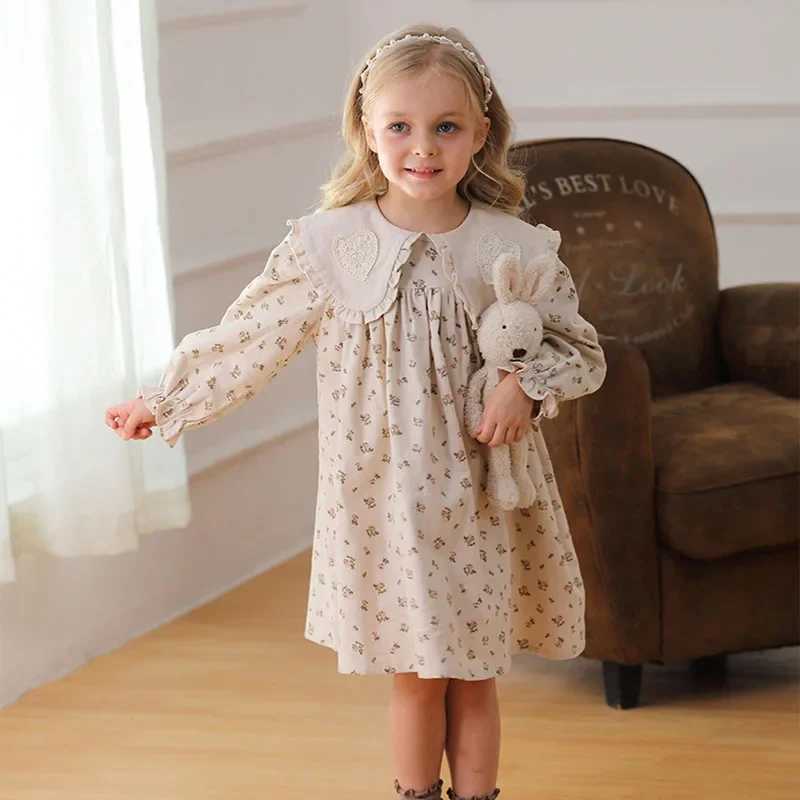 2025 New Spring 2-7Yrs Girl Party Dress Long Sleeved Cotton Flower Print Kids Princess Dresses Children Clothes Sister Dress H260402