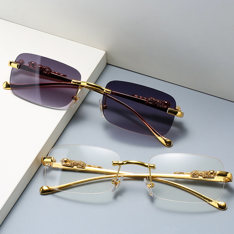 CB Square Rimless Sunglasses Women Men Cut Edge Golden Leopard Small Frame Sun Glasses Designer Retro Shade Eyewear Y2K UV400 oculos