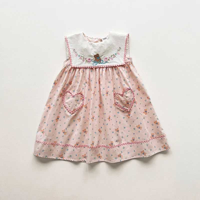 Embroidered Little Bear Navy Collar Girls Dress 2026 Summer New Floral Tank Top Skirt Korean Version Childrens Princess Skirt H260402