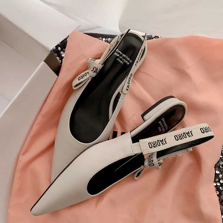 New Summer Low Block Heel Suede Pointed Toe Low-Cut Flats with Letter Back Strap Closed-Toe Sandals H260402