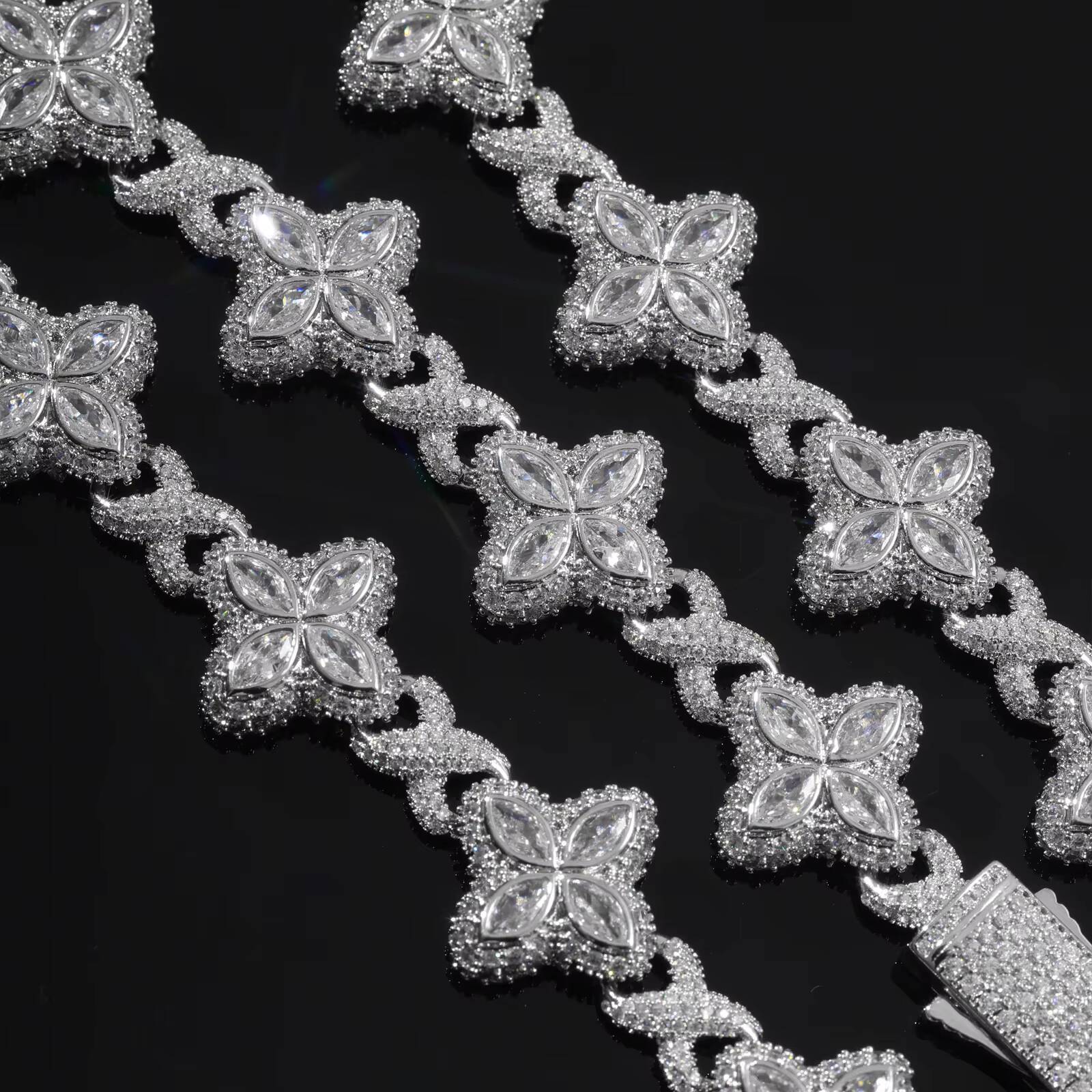 Sparkling Bling Hip Hop 16mm White CZ Clover Bracelet Necklace Brass Fashion Flower 5A Zircon Diamond Cuban Chain