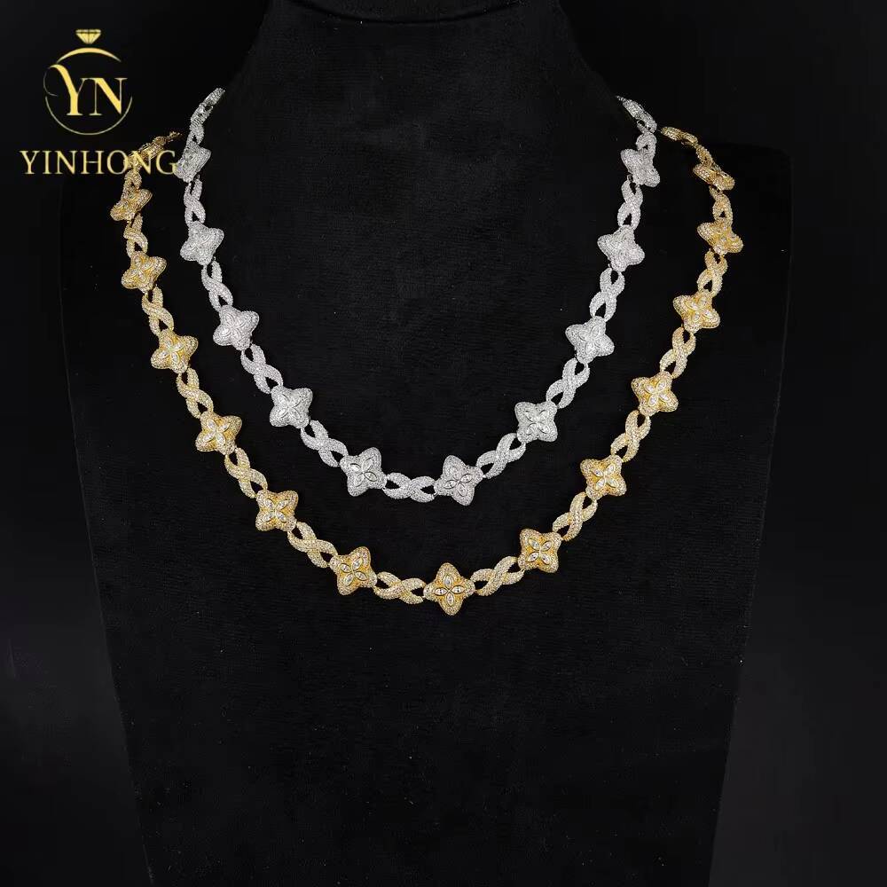 Luxury Color Moissanite Iced Out Moissanite Necklace 925 Silver Colored Four Leaf Clover Vvs Moissanite Cuban Link Chain