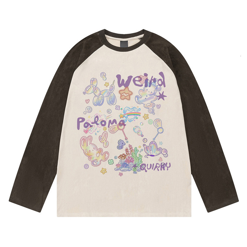 Color-Block Raglan Long Sleeve T-Shirt for Men and Women, Autumn 2025 New Sweet Cartoon Design, Niche Suede Top
