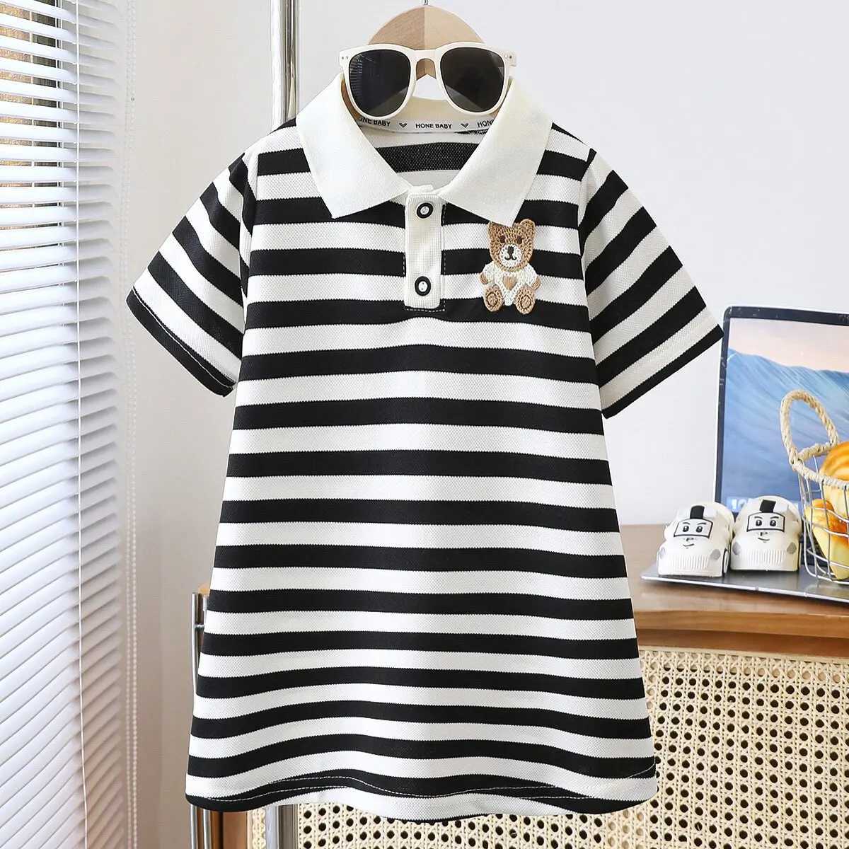 2025 New Childrens Dress Girls Summer Korean Edition Fashion Casual Striped Collar Short sleeved Dress1-10Y H260402