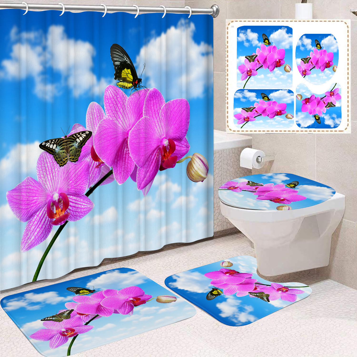 YL-38431 Home Decor Pink Butterfly and Flower Waterproof Shower Curtain Set (Four Pieces) Factory