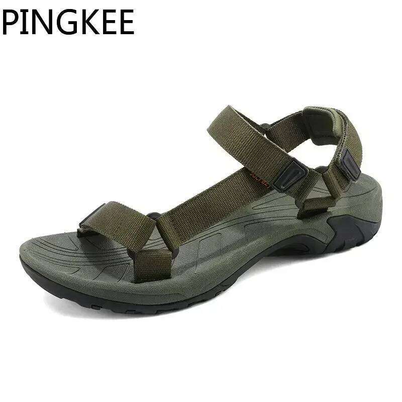 PINGKEE Fabric Upper Adjustable Hook Loop Closure Open Toe Sandals Leather Male Sandal Classic Summer Slip on Flat Men's Shoes