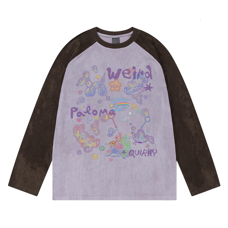 Color-Block Raglan Long Sleeve T-Shirt for Men and Women, Autumn 2025 New Sweet Cartoon Design, Niche Suede Top