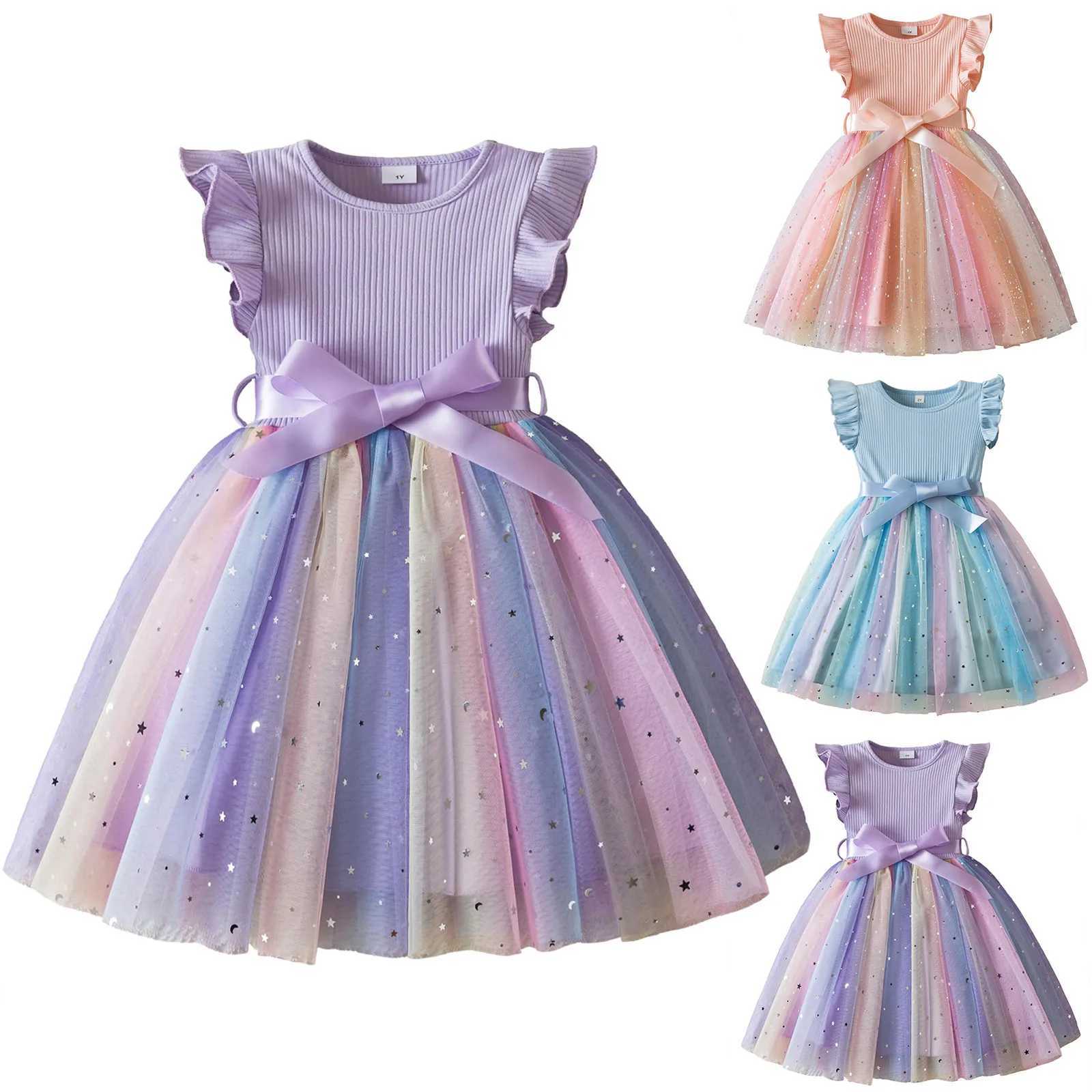 New Girls Dress for Sequins Birthday 1-5Y Toddler Girls Rainbow Tulle Dress Sweet Kids Princess Dress for Girls 2025 Summer Wear H260402