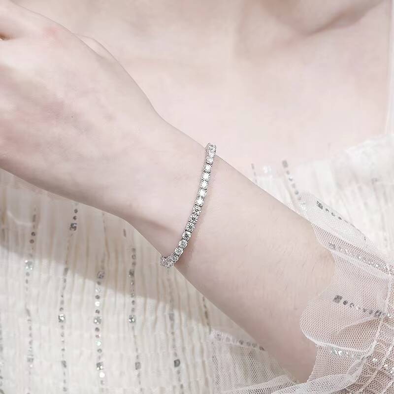 925 Sterling Silver White Gold Plated Round Brilliant Cut Moissanite Tennis Chain Bracelet for Women 4MM Moissanite for Gifts