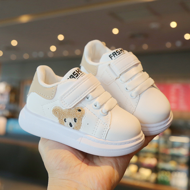 Toddler Cute Cartoon Bear Shoes Kids Non Slip White Casual Sneakers Loop Board Classic White Sneaker for Versatile Style Daily Wear Free Shipping size