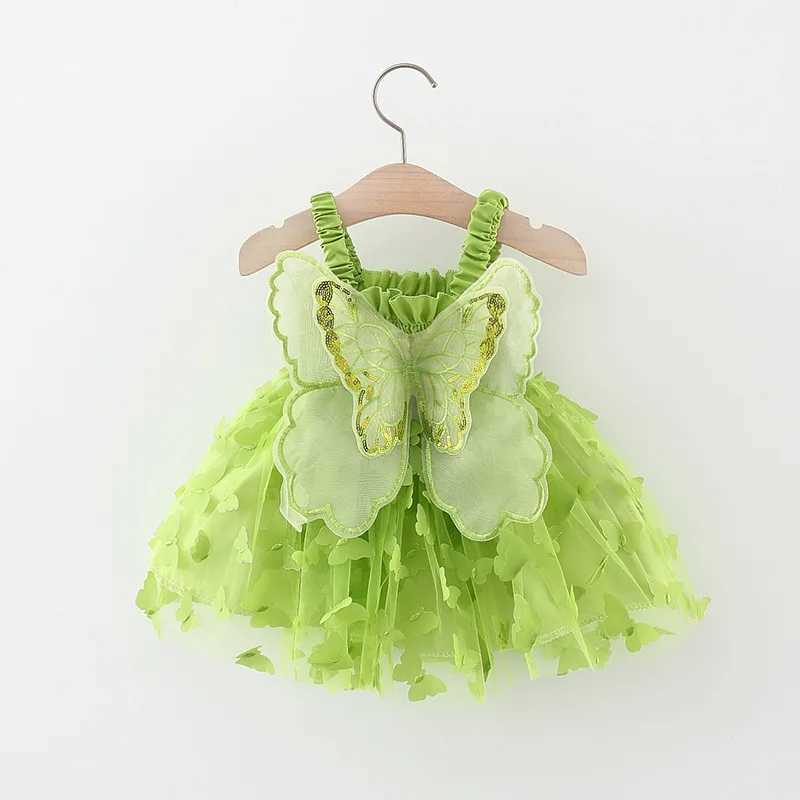 Summer 0-3 Girls Dress Solid Color Butterfly 3D Mesh Splicing Butterfly Wings Strap Fluffy Dress H260402