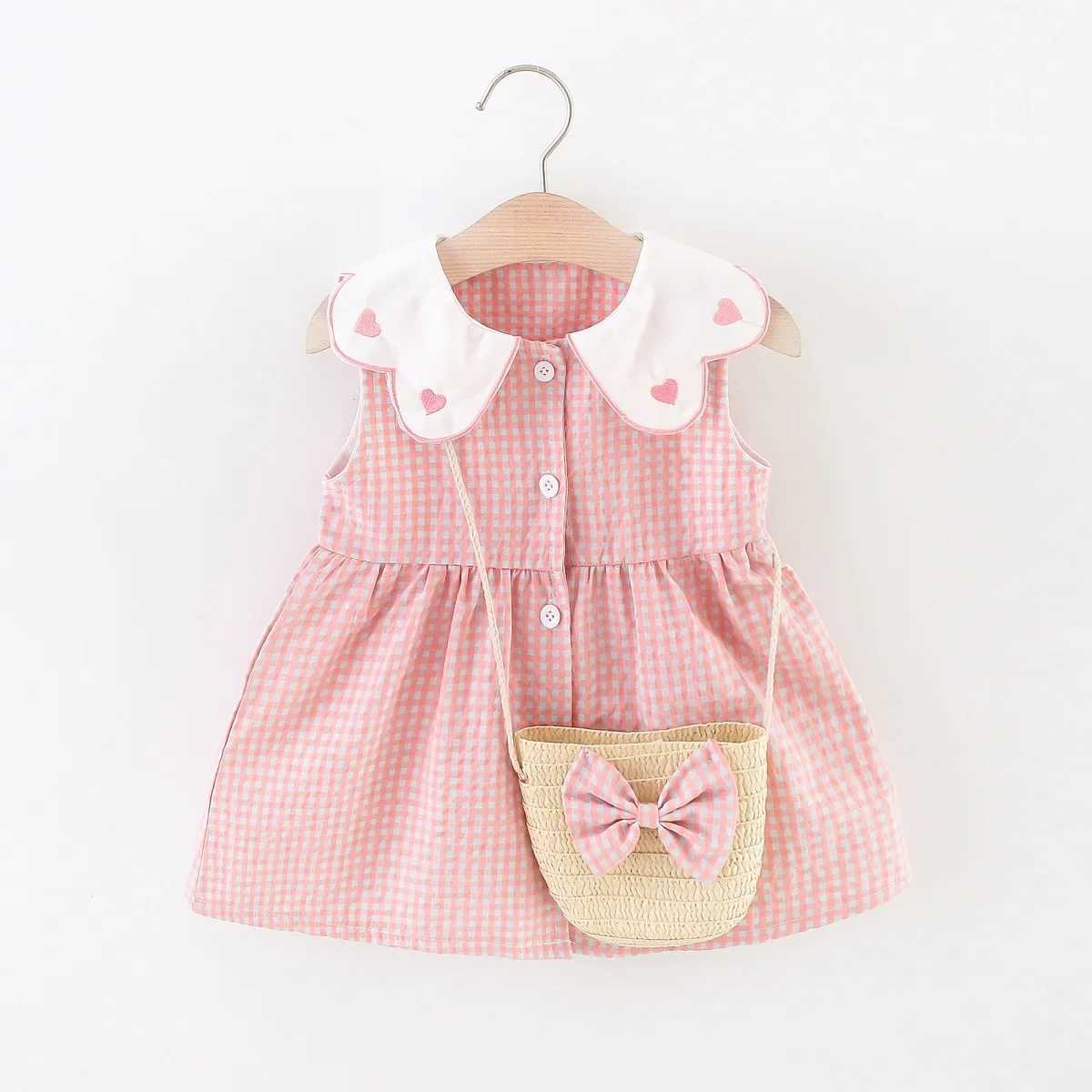 2PCS/SETSummer Girls Dress New Foreign Trade Sweet Love Embroidered Lapel Simple Plaid Tank Top Skirt Strap Bag H260402