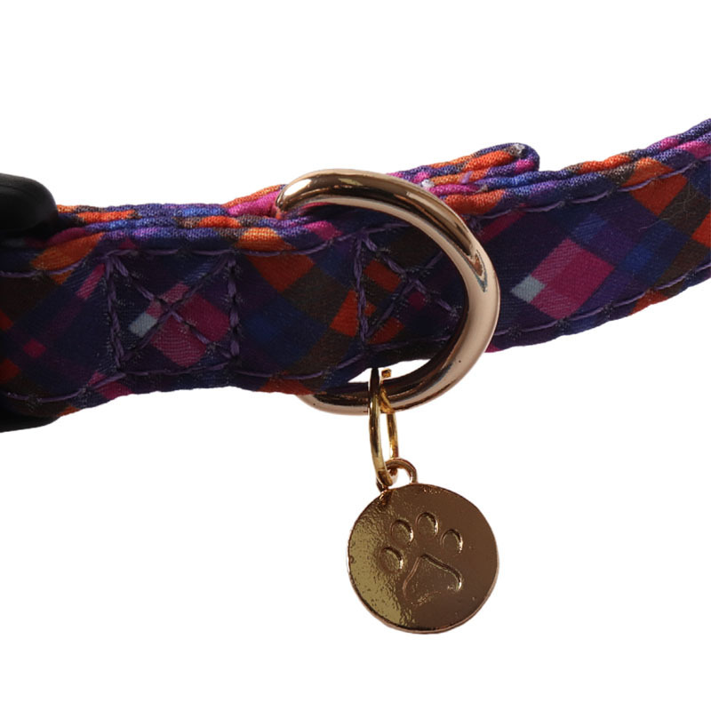 Pet Collar Dark Quilted Plaid Print British Style With Metal Pendant Plastic Buckle Adjustable Collar For Dogs