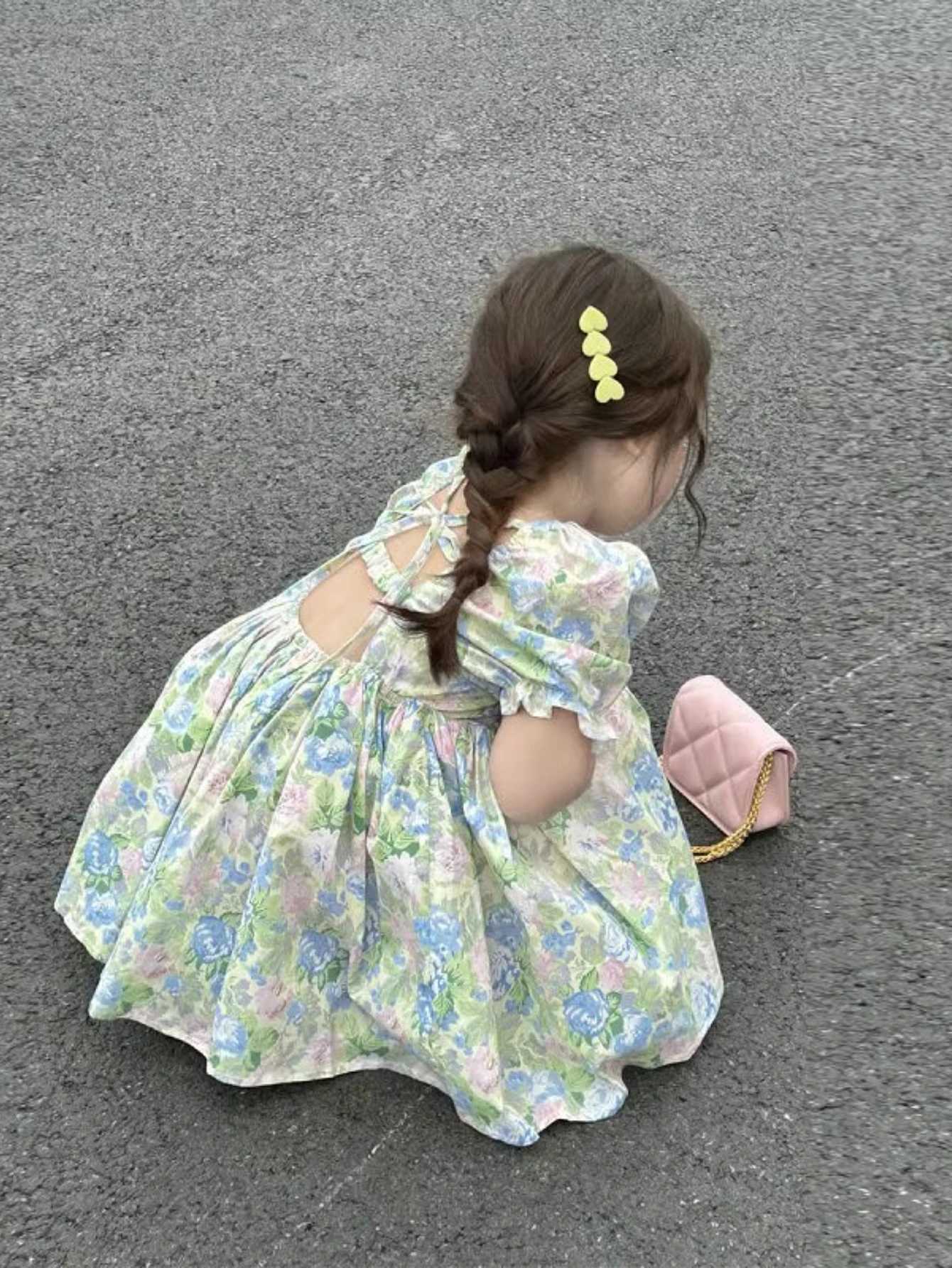 Girls Summer Floral Backless Dress Puff Sleeve Square Neck Princess Dress Korean Style Kids Fashion H260402