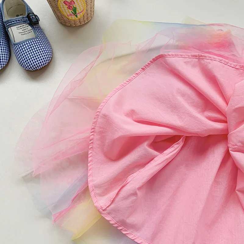 Summer Girls Sweet Flying Sleeves Rainbow Stereoscopic Wings Mesh Girl Dresses Cute Baby Dress Princess Clothes H260402