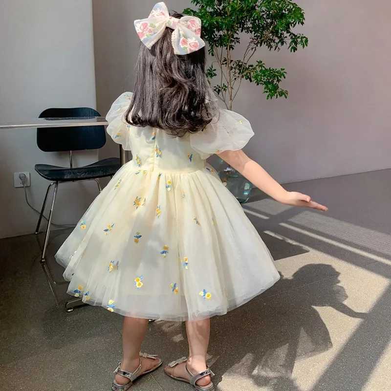 Summer Girls Flower Mesh Princess Dress Kids Cute Puff Short Sleeve Dresses for Girls Korean Clothing Children Dress For 1-6T H260402