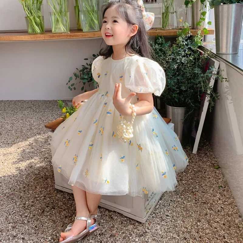 Summer Girls Flower Mesh Princess Dress Kids Cute Puff Short Sleeve Dresses for Girls Korean Clothing Children Dress For 1-6T H260402