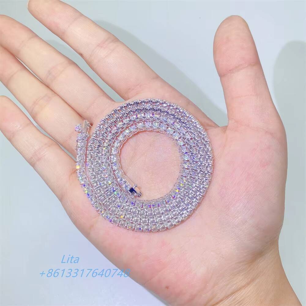 Custom High Quality Iced Out Bling Pass Diamond test 10k White Gold 3mm Moiassanite Diamond Tennis Chain Necklace