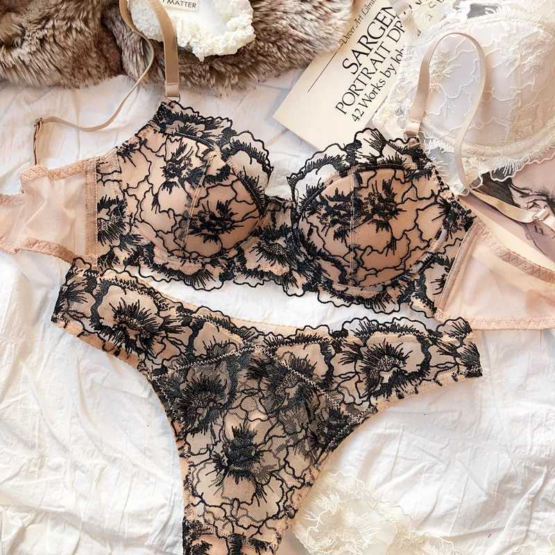 Lace Flowers Embroidery Bra Set Thin 3/4 Cup Push Up Lingerie For Women Summer Breathable Comfort Brassiere Underwear Sets Z260402