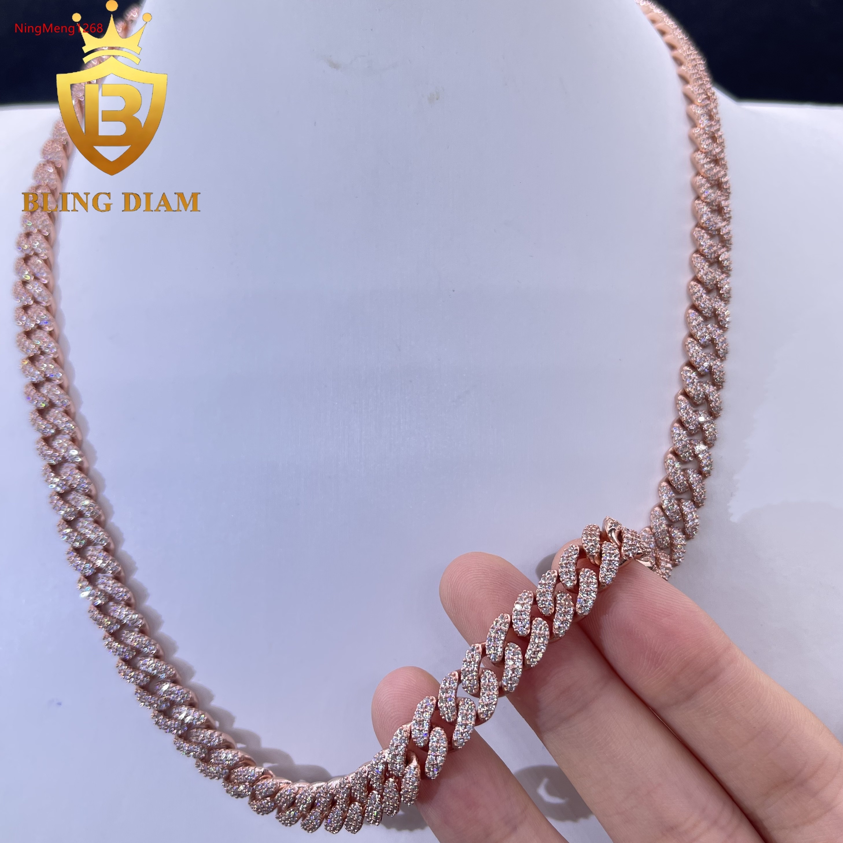 8mm Iced Out Hip Hop Miami Rose Gold Cuban Link Chain Moissanite 925 Sterling Silver Necklace Bracelet Set for Men