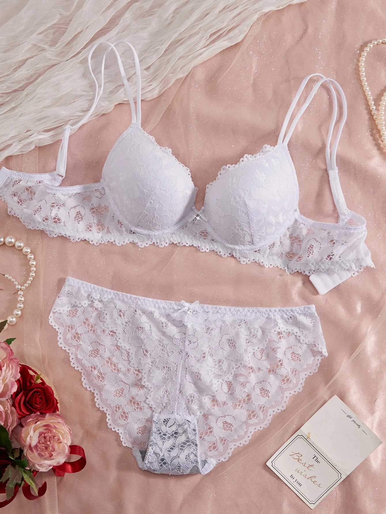 Solid Color Womens Underwear Set Lace Patchwork with Push-Up Bow Bra Romantic Semi-Transparent Womens Panties Z260402