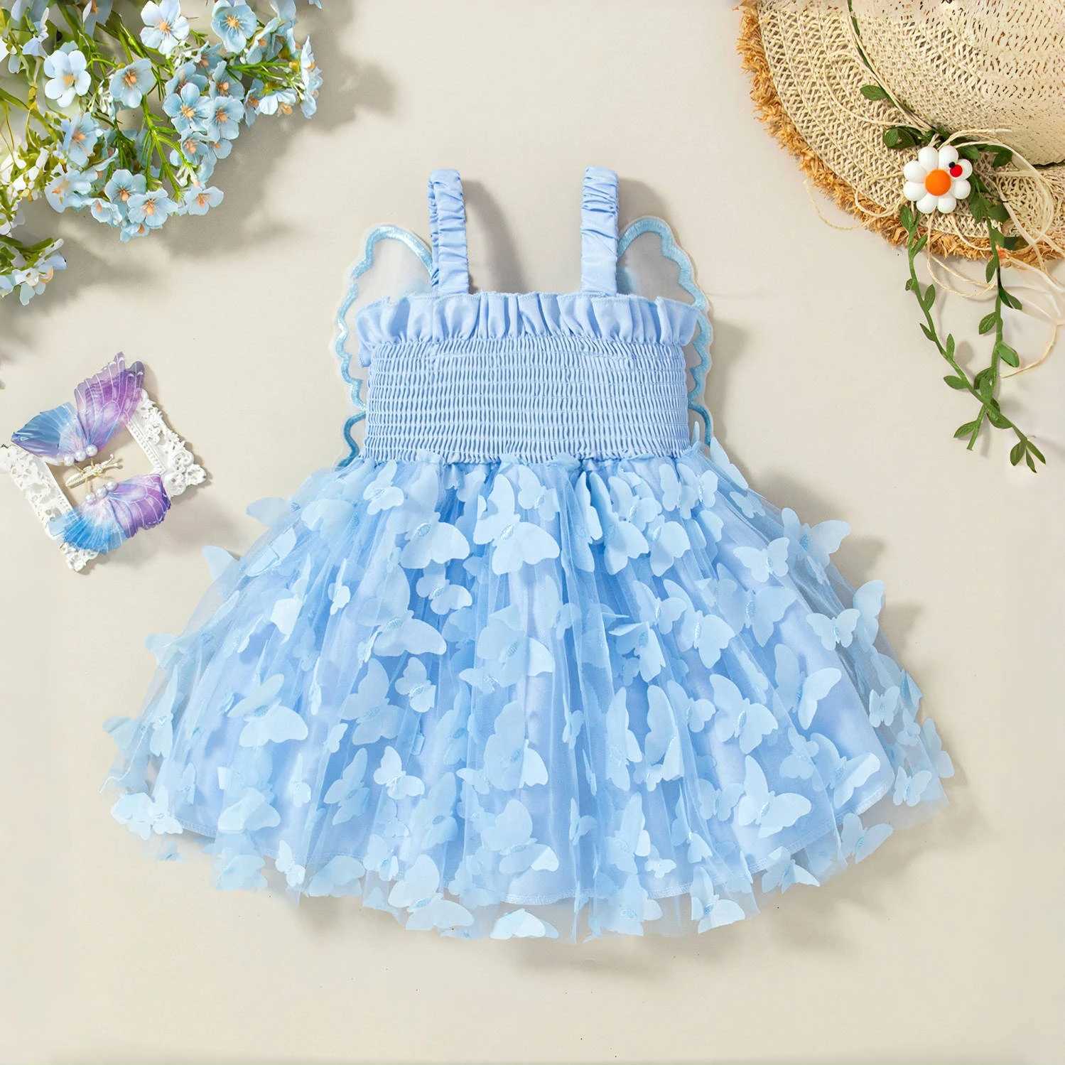 Summer New Baby Girl Suspender Dress Solid Color Butterfly Wing Gauze Dress Childrens Birthday Party Dress H260402