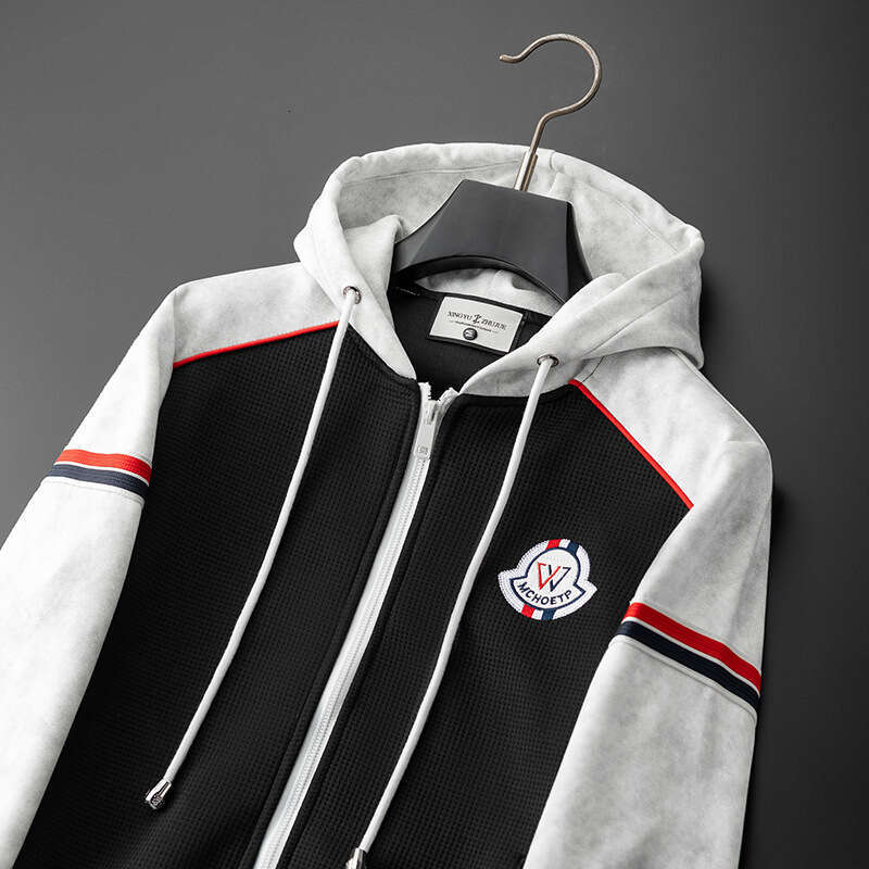 Men Autumn Winter New Color Block Hooded Sweatshirt Men's Fashion Badge Sports Casual Jacket