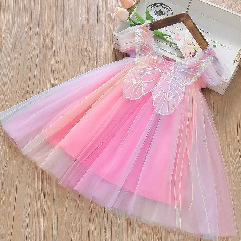 Baby Girls Dress for 1 to 5 Years Fly Sleeve Cute Princess Butterfly Mesh Dress 2024 New in Dress Rainbow Summer Dress for Girls H260402