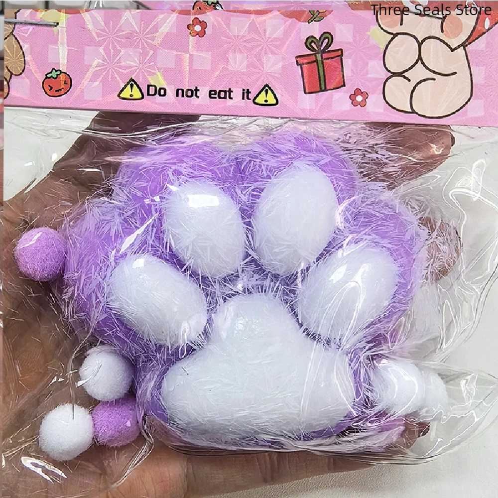 Squeeze Cats Paw with Fur Stress Relief Squishy Fidget Toy Mini Kawaii Plush Silicone Sticky Decompressing Pinching Cat Foot H260402